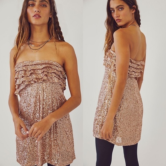 FREE PEOPLE FRIDA BRONZE SEQUIN RUFFLE BUST MINI STRAPLESS PARTY COCKTAIL DRESS - Picture 1 of 17